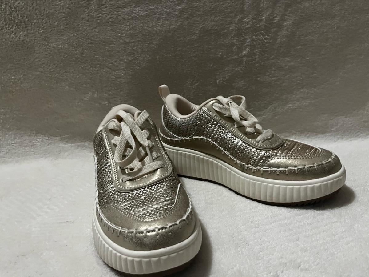 Womens Low Top Woven LaceUp Sneakers in Metallic Gold Silver