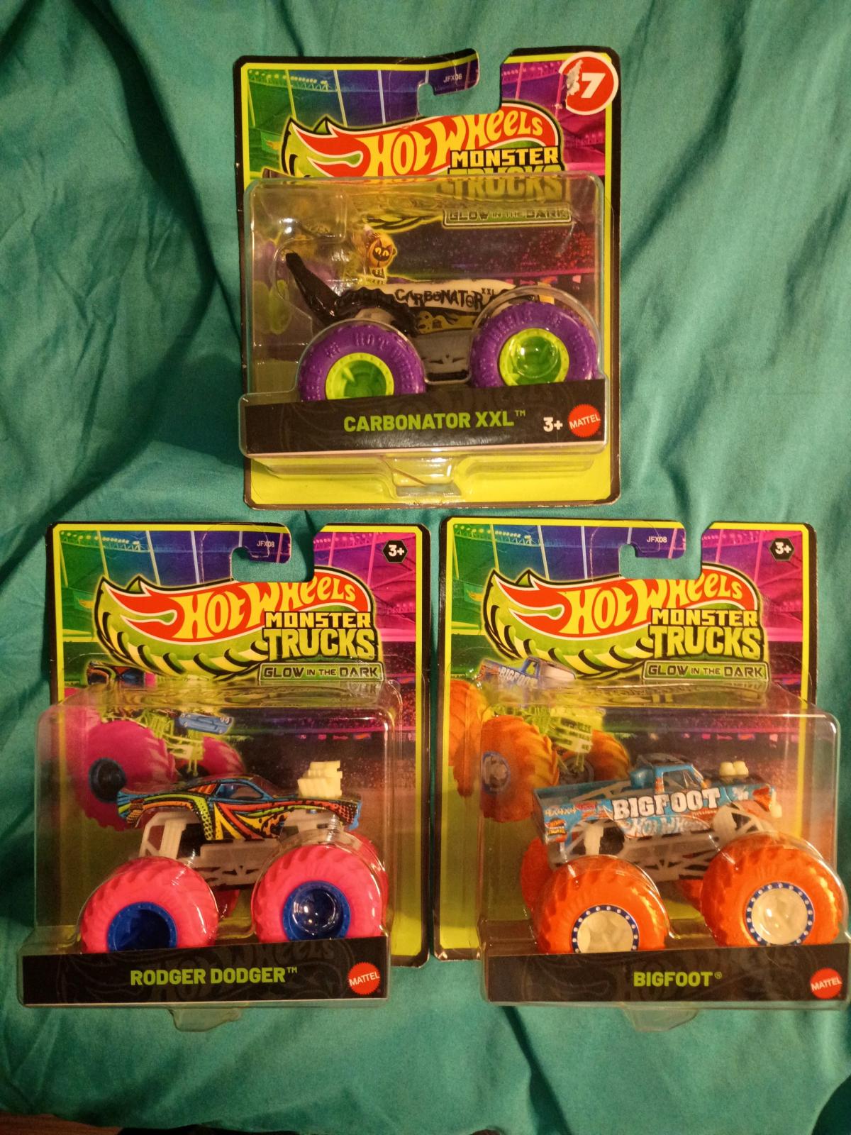 3 glow in the dark hotwheels monster trucks