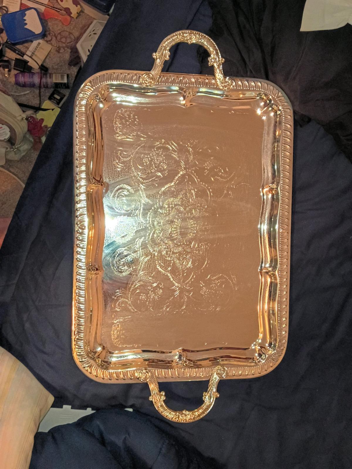 Vintage Silver Plated Serving Tray  Ornate Handled  Footed