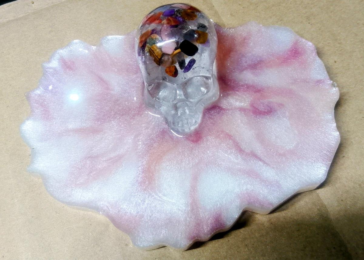 Melting Skull Trinket Tray with stone and crystal chips