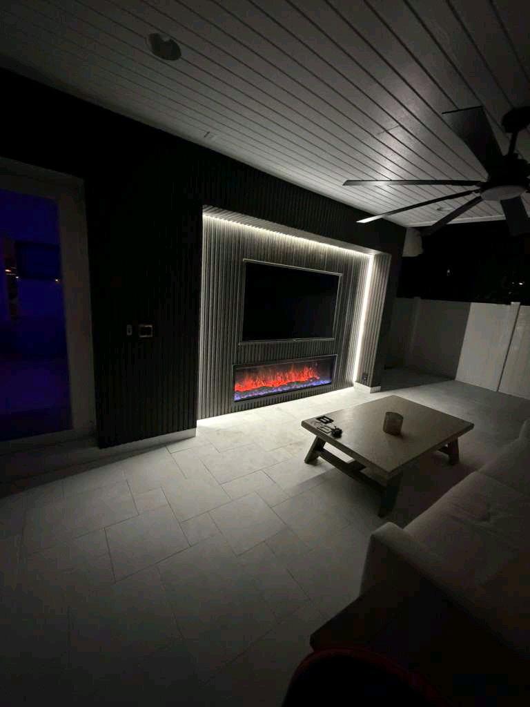 Custom TV Wall Design Fireplaces Wood Slat Stone Accent Wall