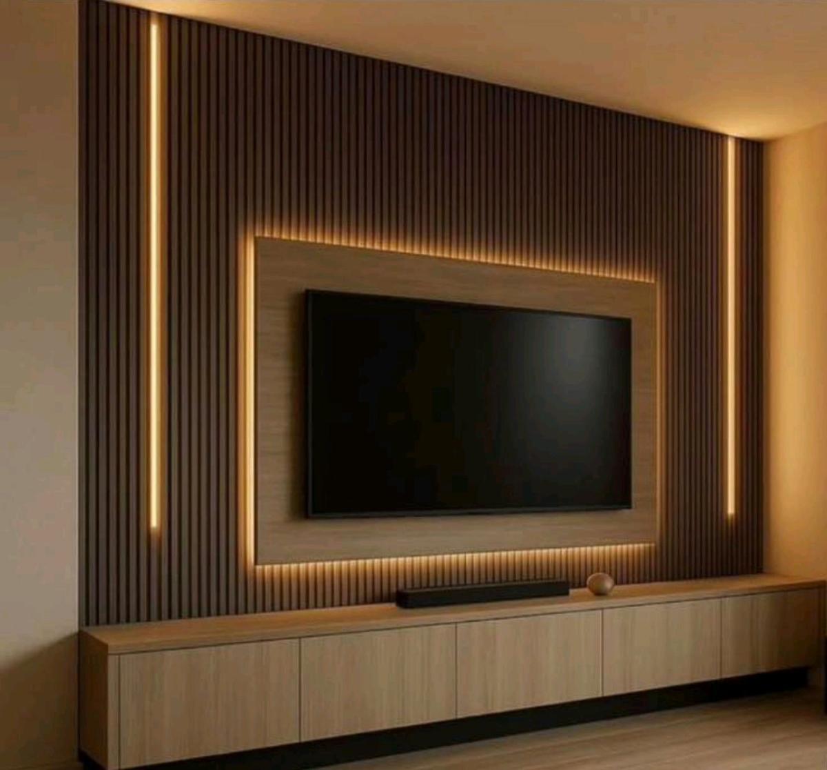 Custom TV Wall Design Fireplaces Wood Slat Stone Accent Wall