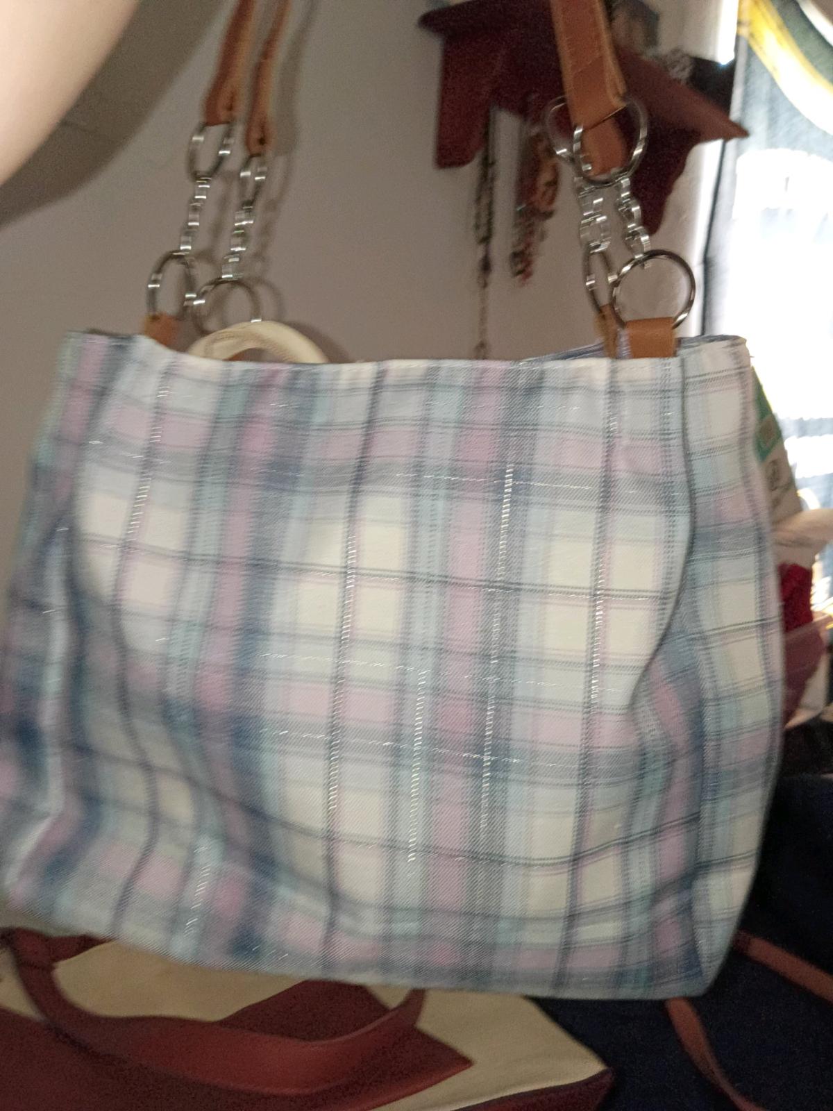 blue and white purse