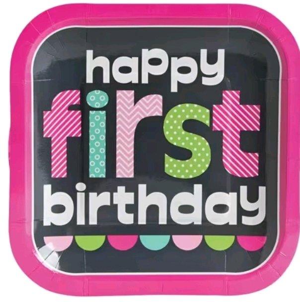 1st Birthday Party Pink Chalkboard Square Paper Dessert Plat
