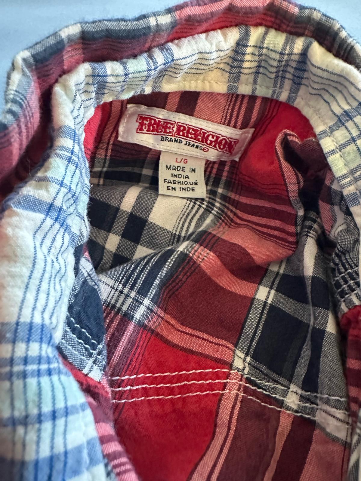 True religion men plaid red white black short sleeve button
