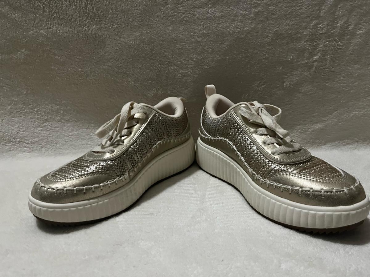 Womens Low Top Woven LaceUp Sneakers in Metallic Gold Silver