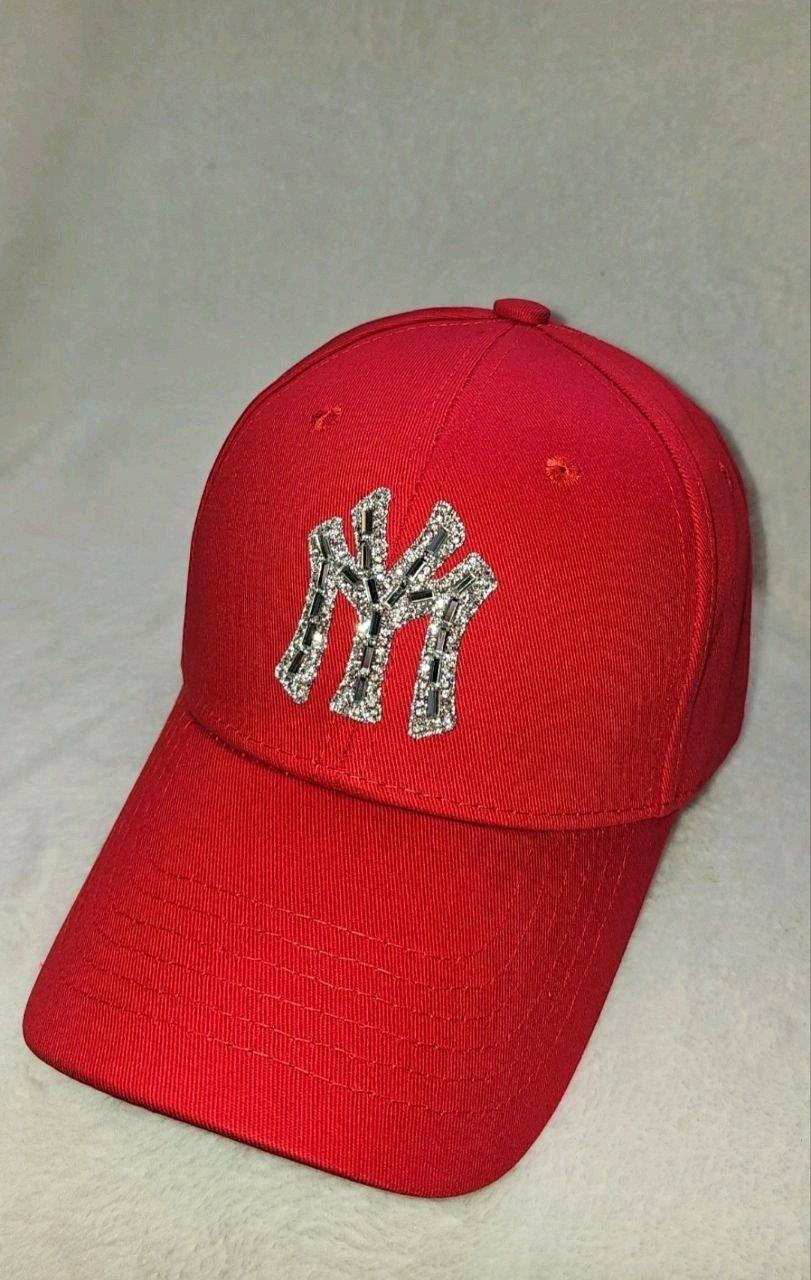Stylish red fashion cap with shiny rhinestone design