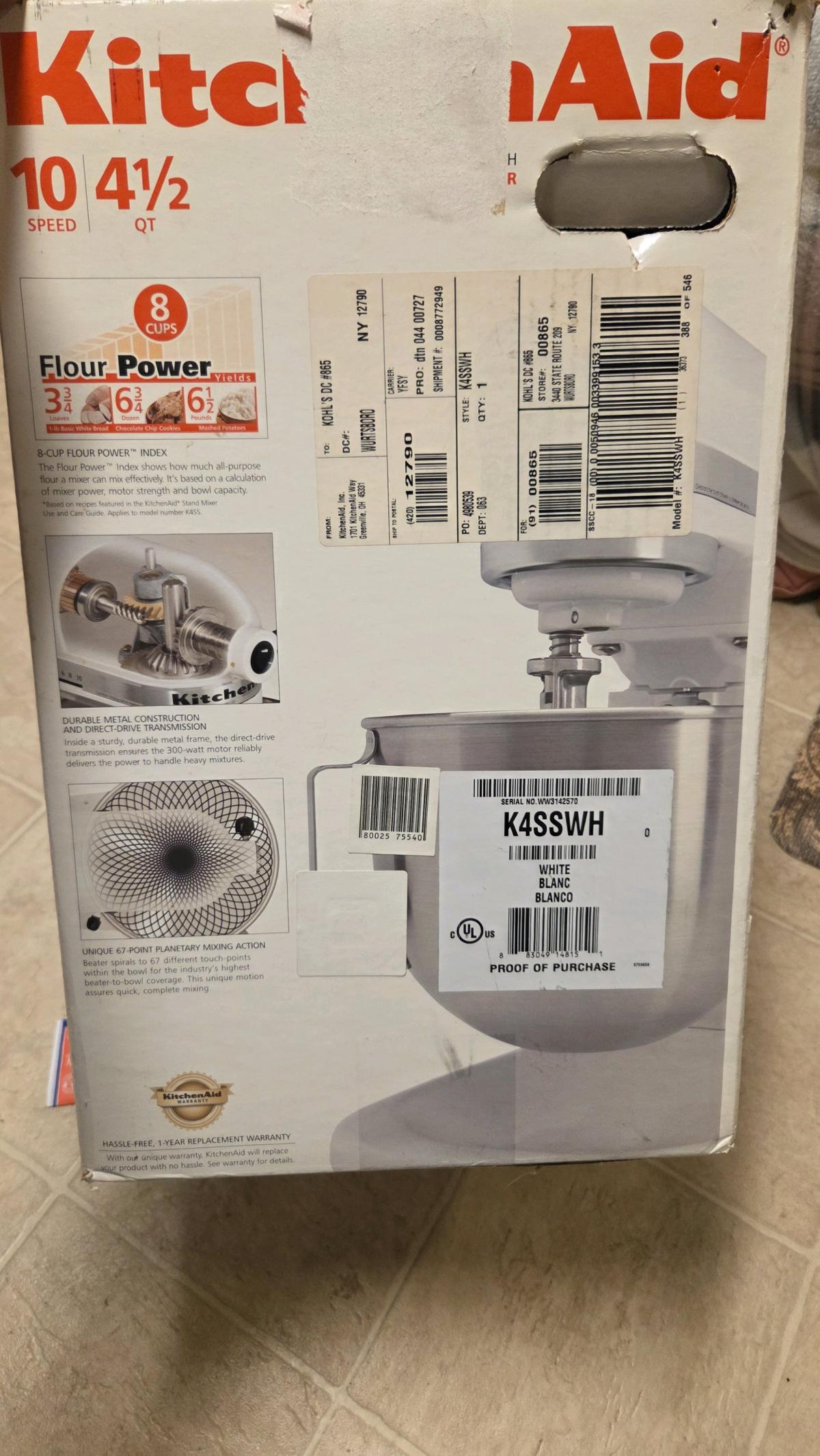 KitchenAid K4SSWH 45 Quart BowlLift Stand Mixer
