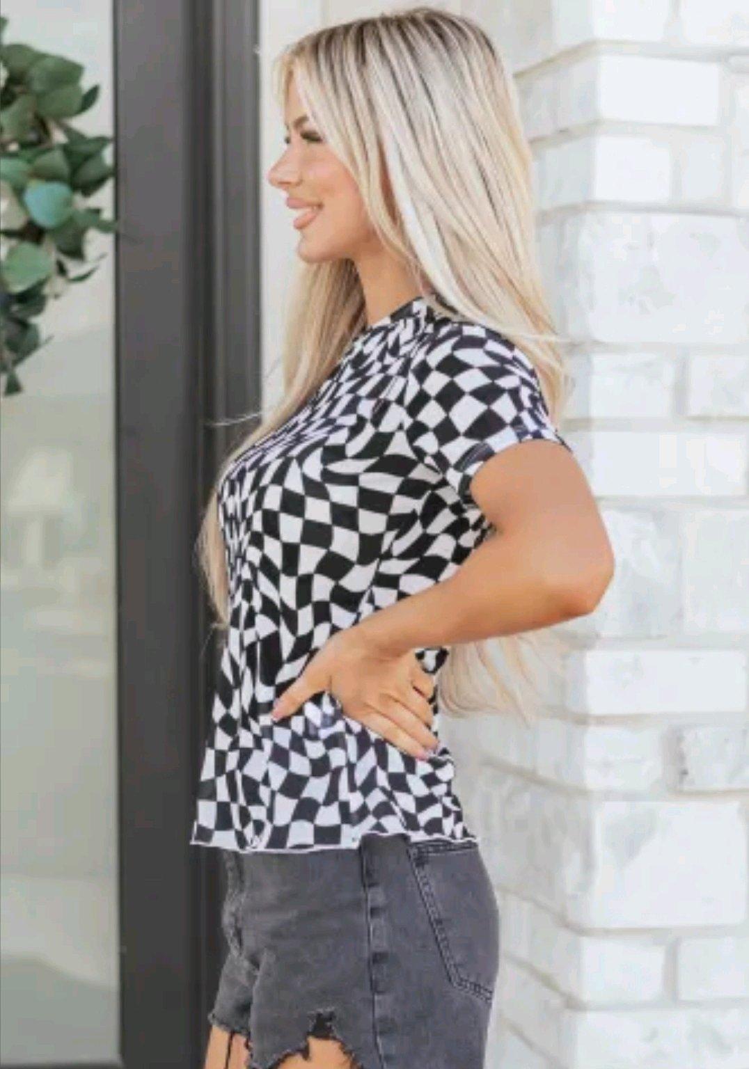 Large Black Checkered Print Crew Neck Mesh T Shirt