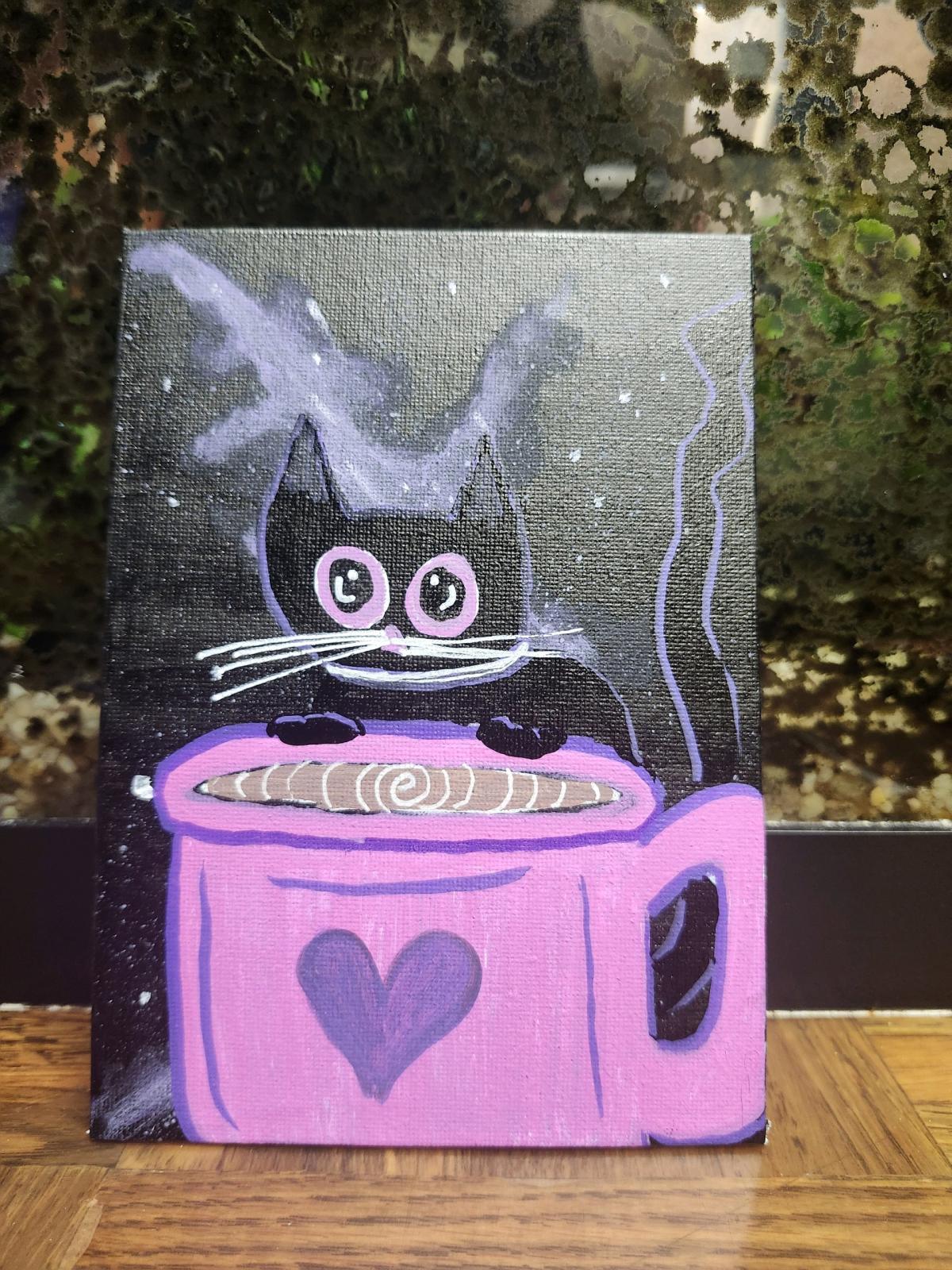 Black Cat Galaxy Coffee Painting 5x7 Handmade Space Cat Art