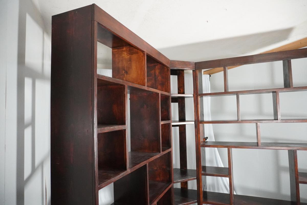 Custom Hand-Built Hickory Stained Solid Pine 3-Piece Corner Bookcase Set