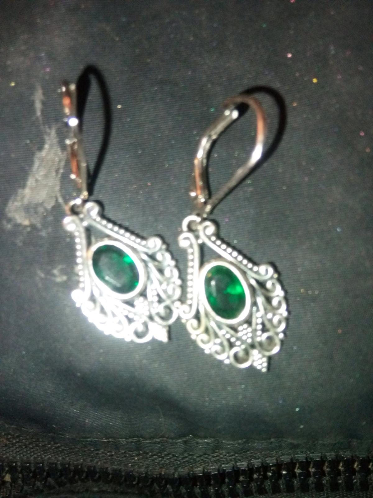 Sliacete Real Silver Filigree Earrings  Green Stone