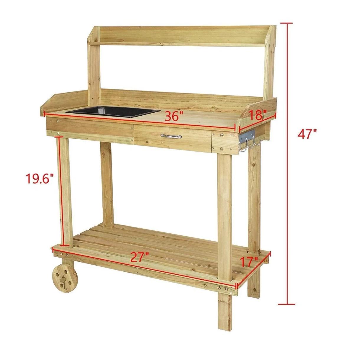 Wooden Potting Bench Garden Work Table with Wheels  Sink  36