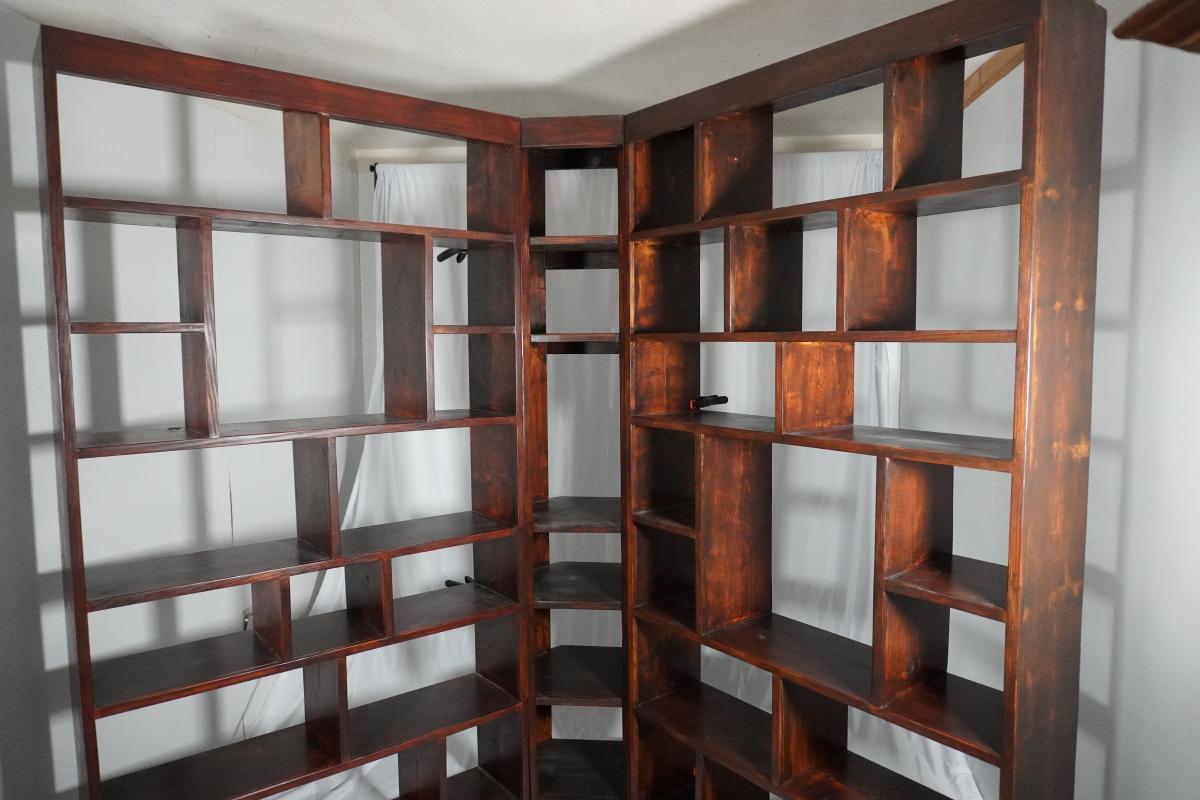 Custom Hand-Built Hickory Stained Solid Pine 3-Piece Corner Bookcase Set