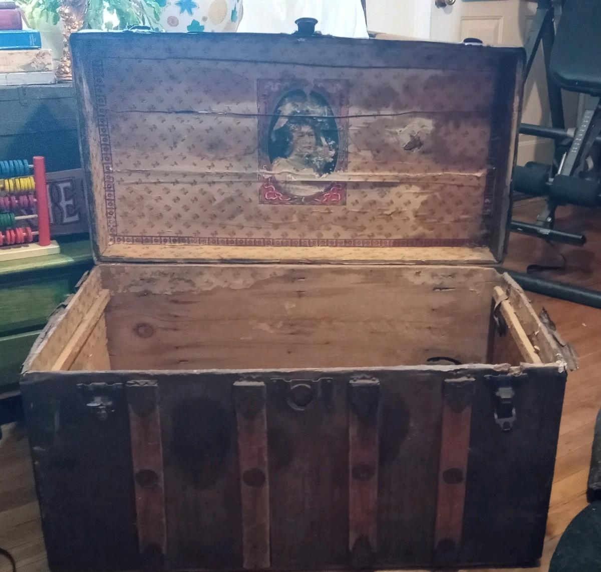vintage Victorian steampunk trunk with lithograph picture