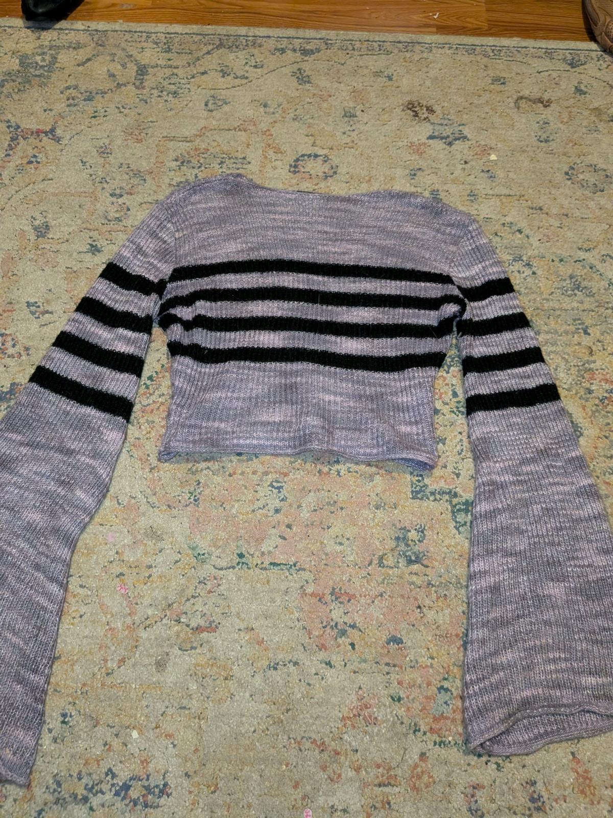 Purple  Black Stripe Marled Bell Sleeve Girls Crop Sweater