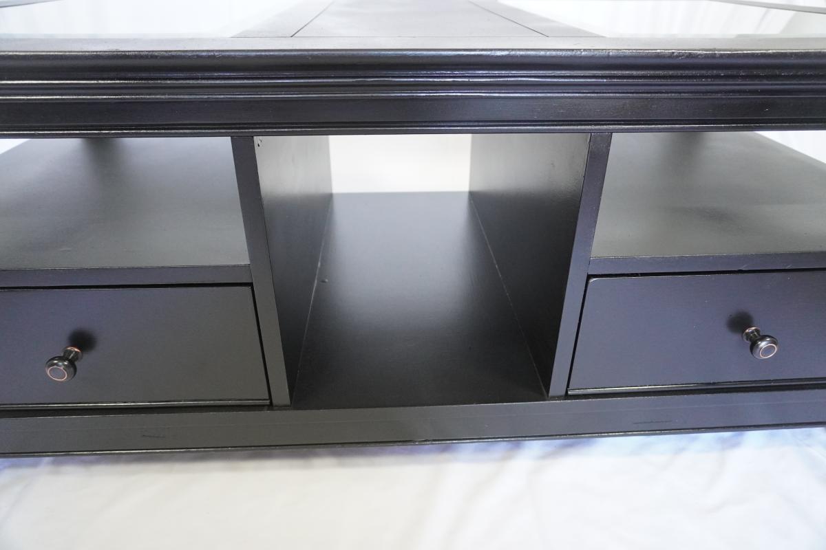 Modern Black Coffee Table – Glass Top, 2 Drawers, Freshly Refinished