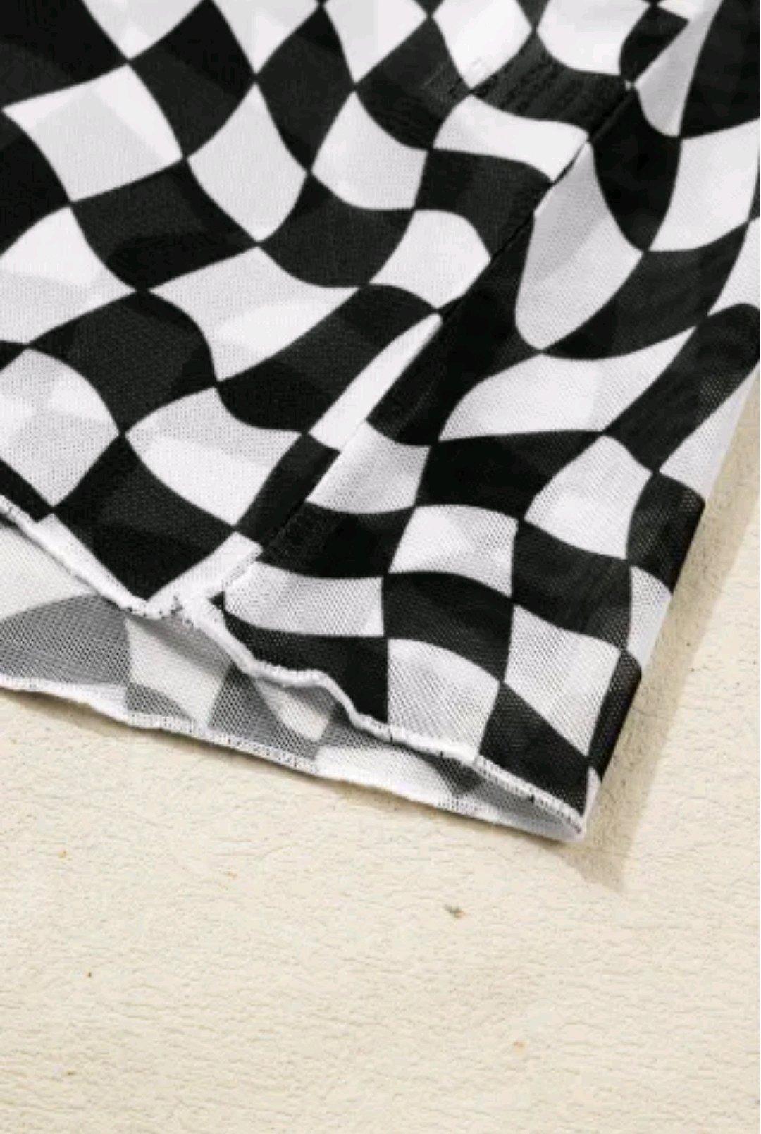 Small Black Checkered Print Crew Neck Mesh T Shirt
