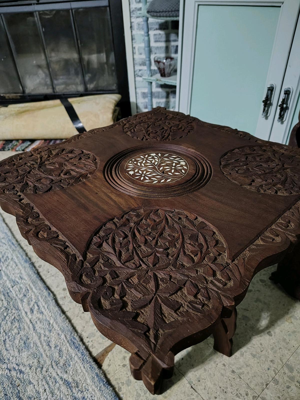hand crafted indian bone inlay matching teakwood end tables