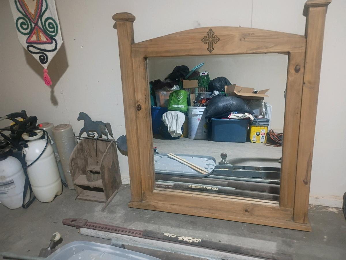 Rustic Solid Wood Dresser Mirror w Carved cross Detail