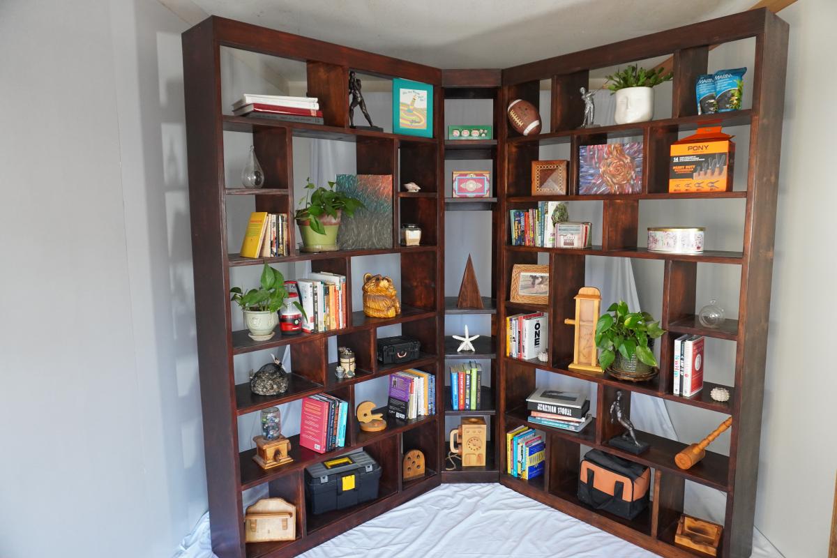Custom Hand-Built Hickory Stained Solid Pine 3-Piece Corner Bookcase Set