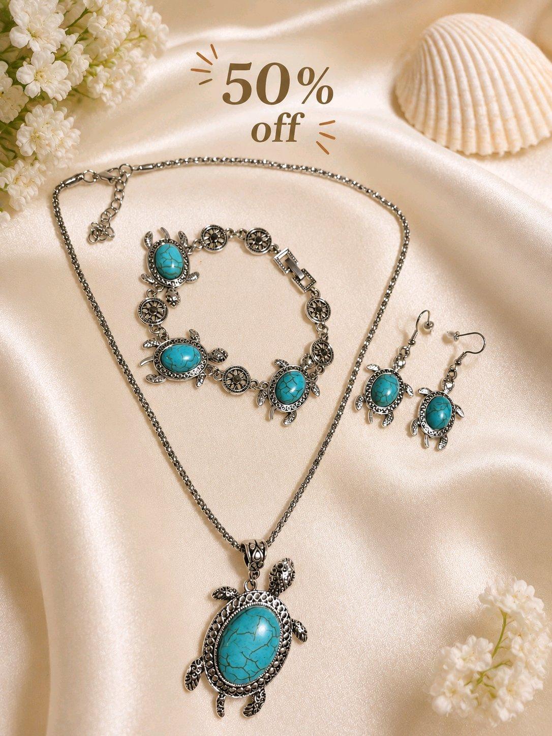 Turquoise Sea Turtle Jewelry Set  Necklace Bracelet  Earring