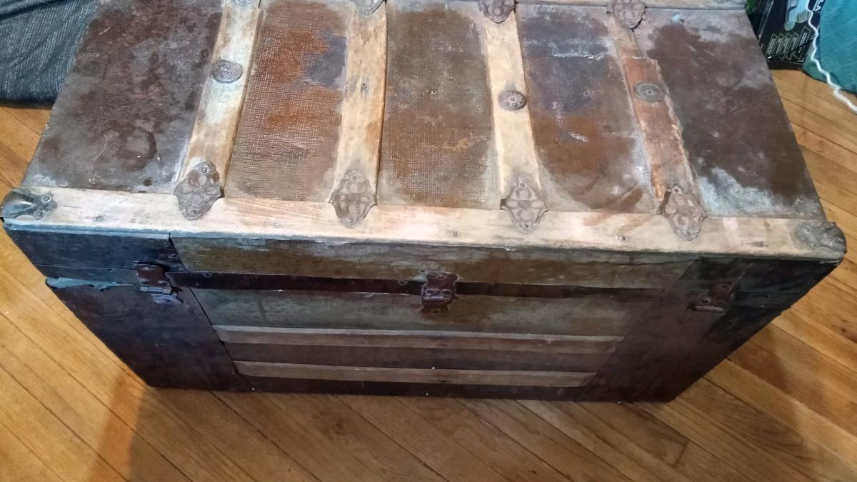 vintage Victorian steampunk trunk with lithograph picture