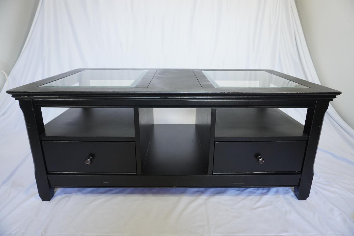 Modern Black Coffee Table – Glass Top, 2 Drawers, Freshly Refinished