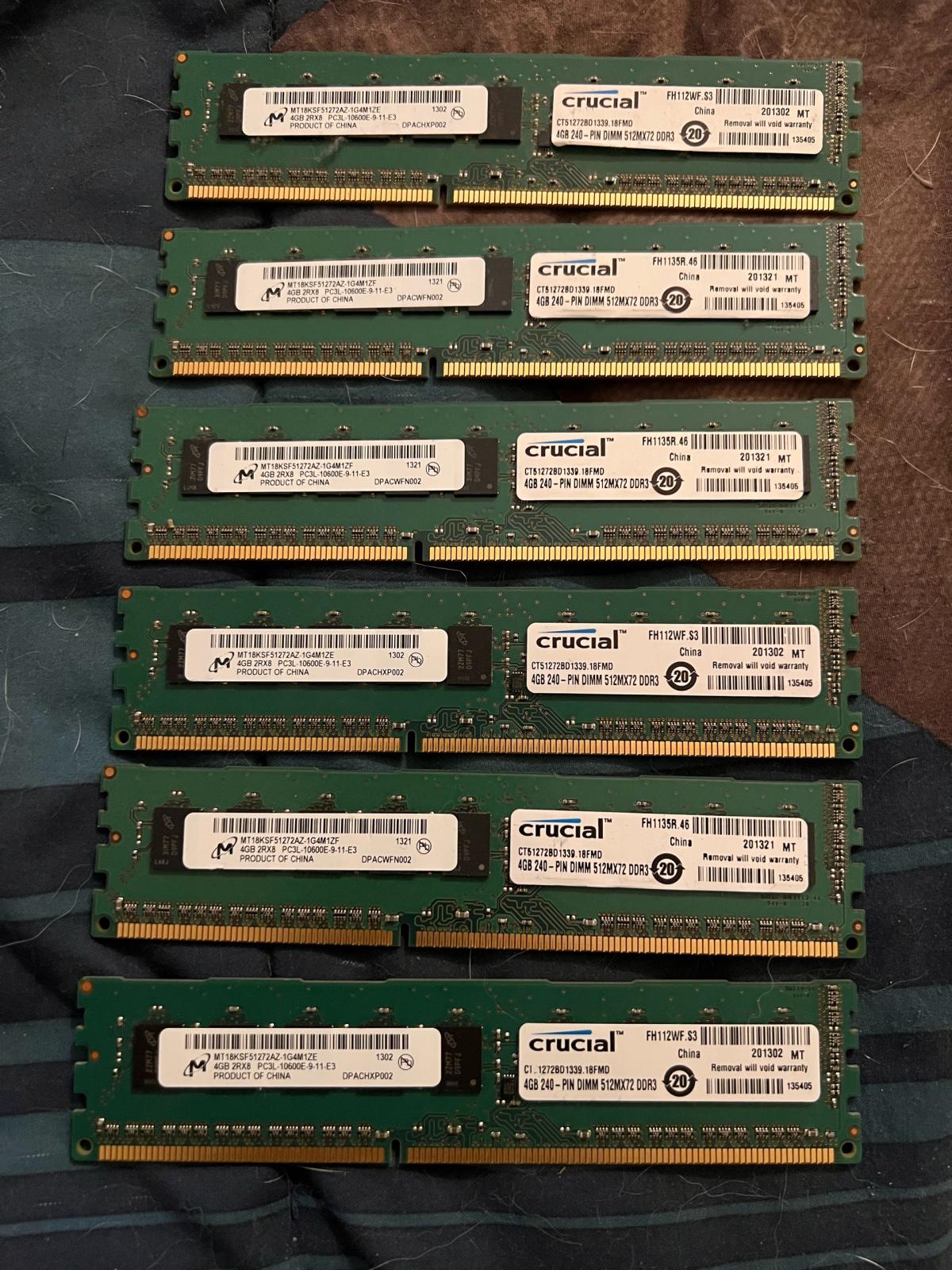 24GB Crucial DDR3 Desktop RAM Lot 6x 4GB Matching Sticks