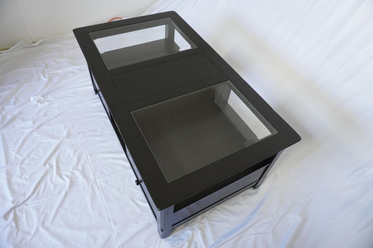 Modern Black Coffee Table – Glass Top, 2 Drawers, Freshly Refinished