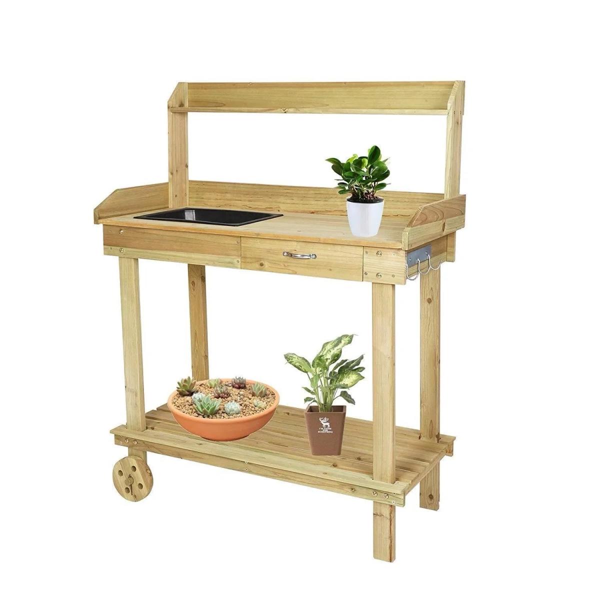 Wooden Potting Bench Garden Work Table with Wheels  Sink  36