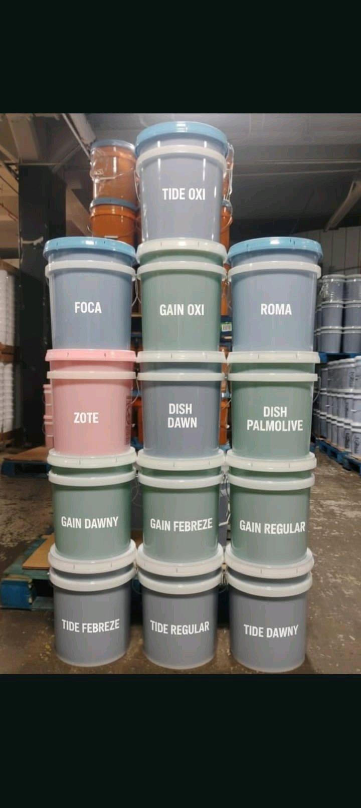 Detergent and softener dish soap in a bucket