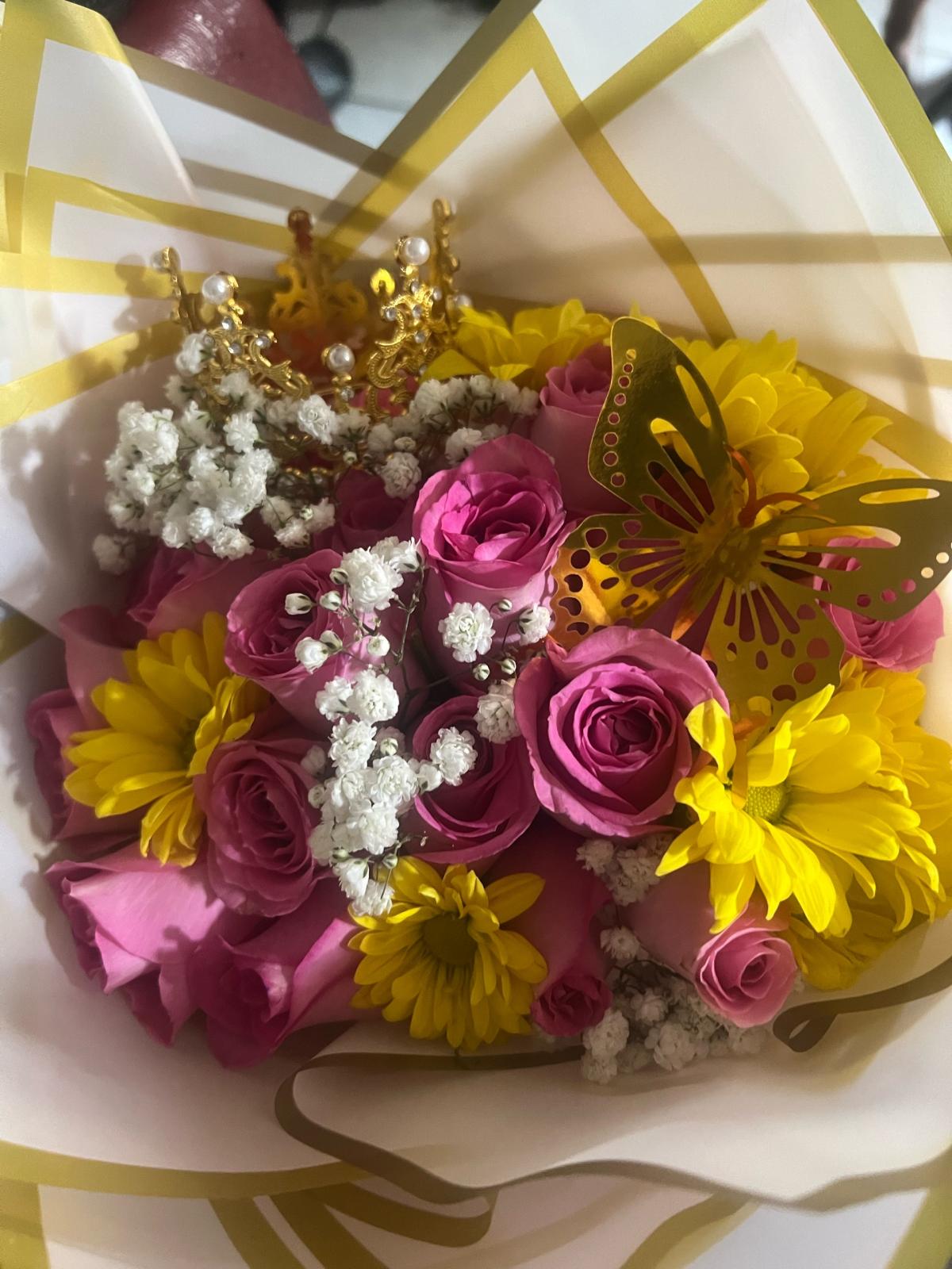 flowers bouquet butterfly and crown