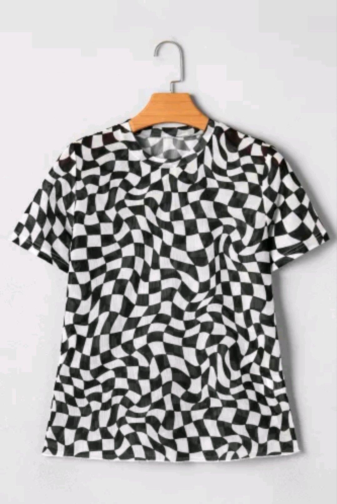 Medium Black Checkered Print Crew Neck Mesh T Shirt