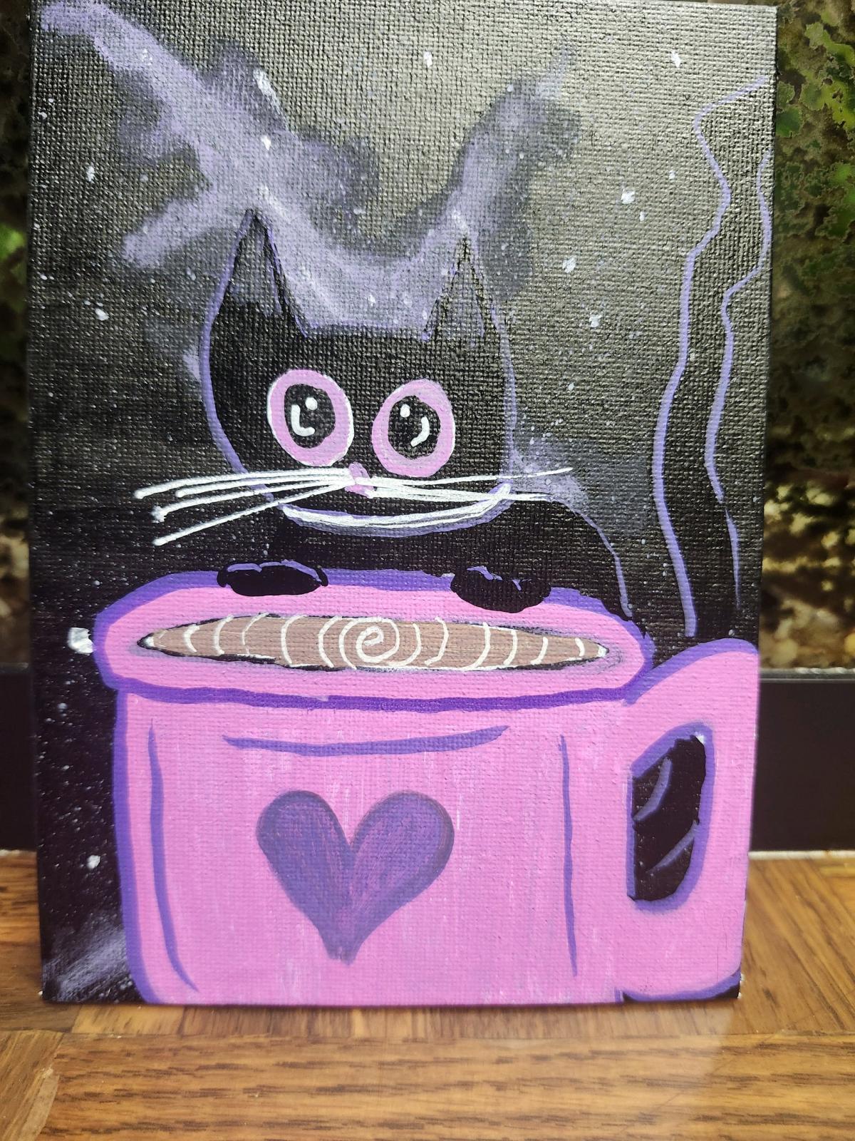 Black Cat Galaxy Coffee Painting 5x7 Handmade Space Cat Art