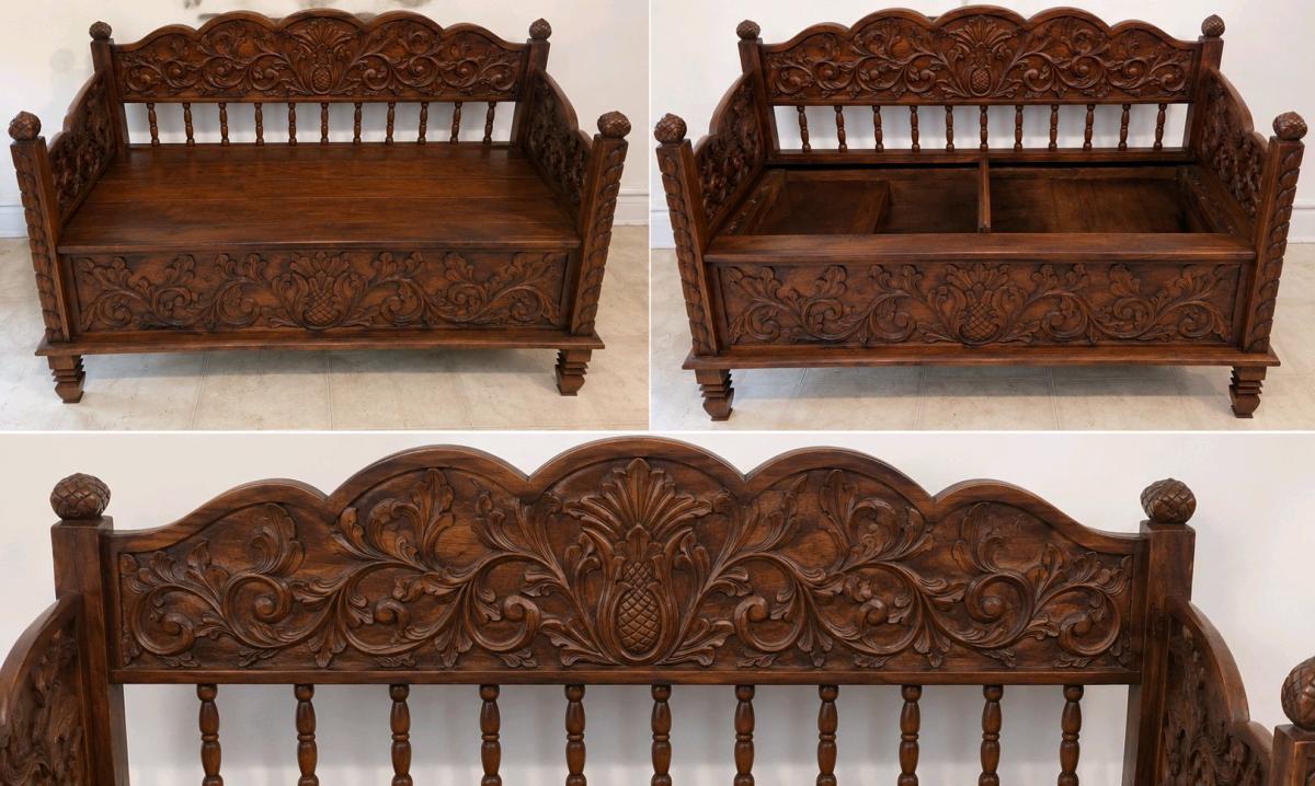 Vintage HandCarved Storage Bench