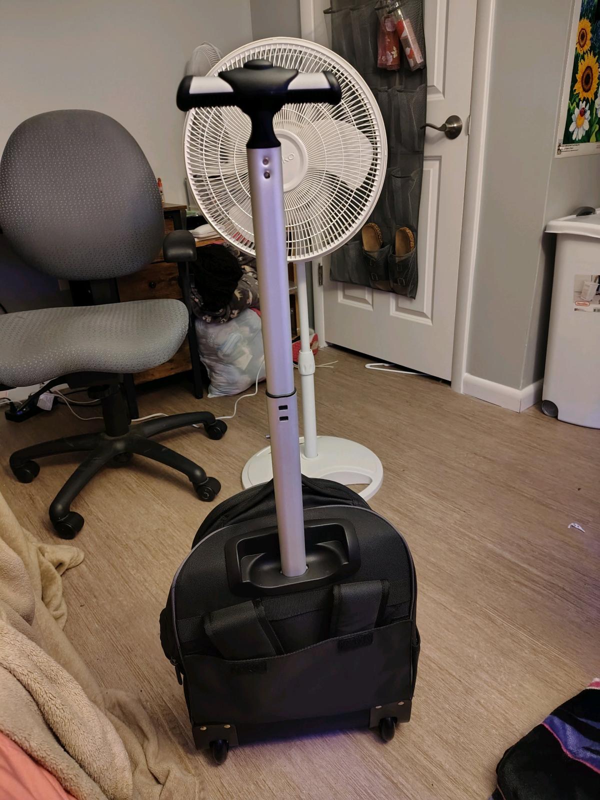 black rolling backpack and a purple non rolling backpack