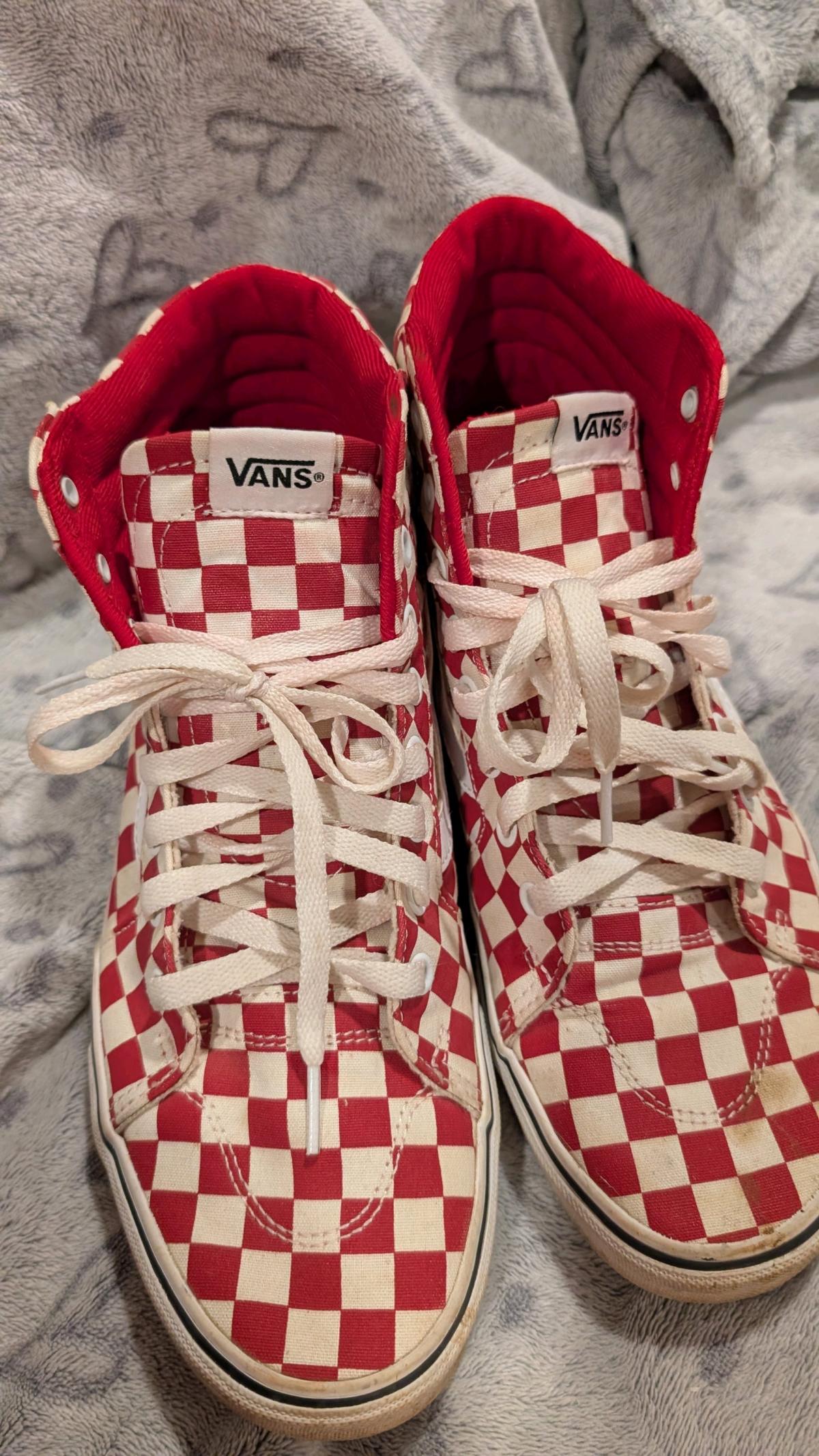 red and white checkered vans high tops