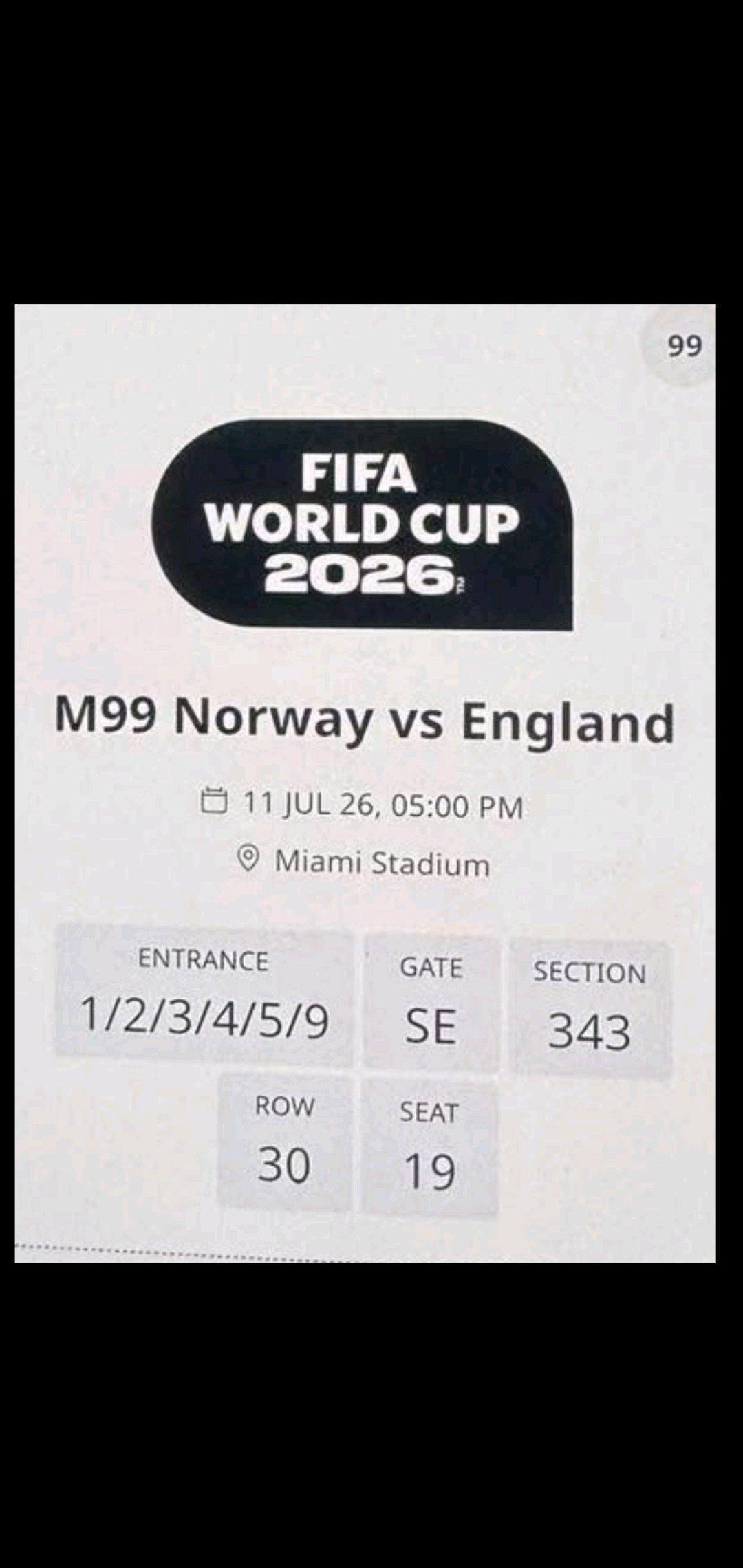 Two World Cup Tickets Norway vs England