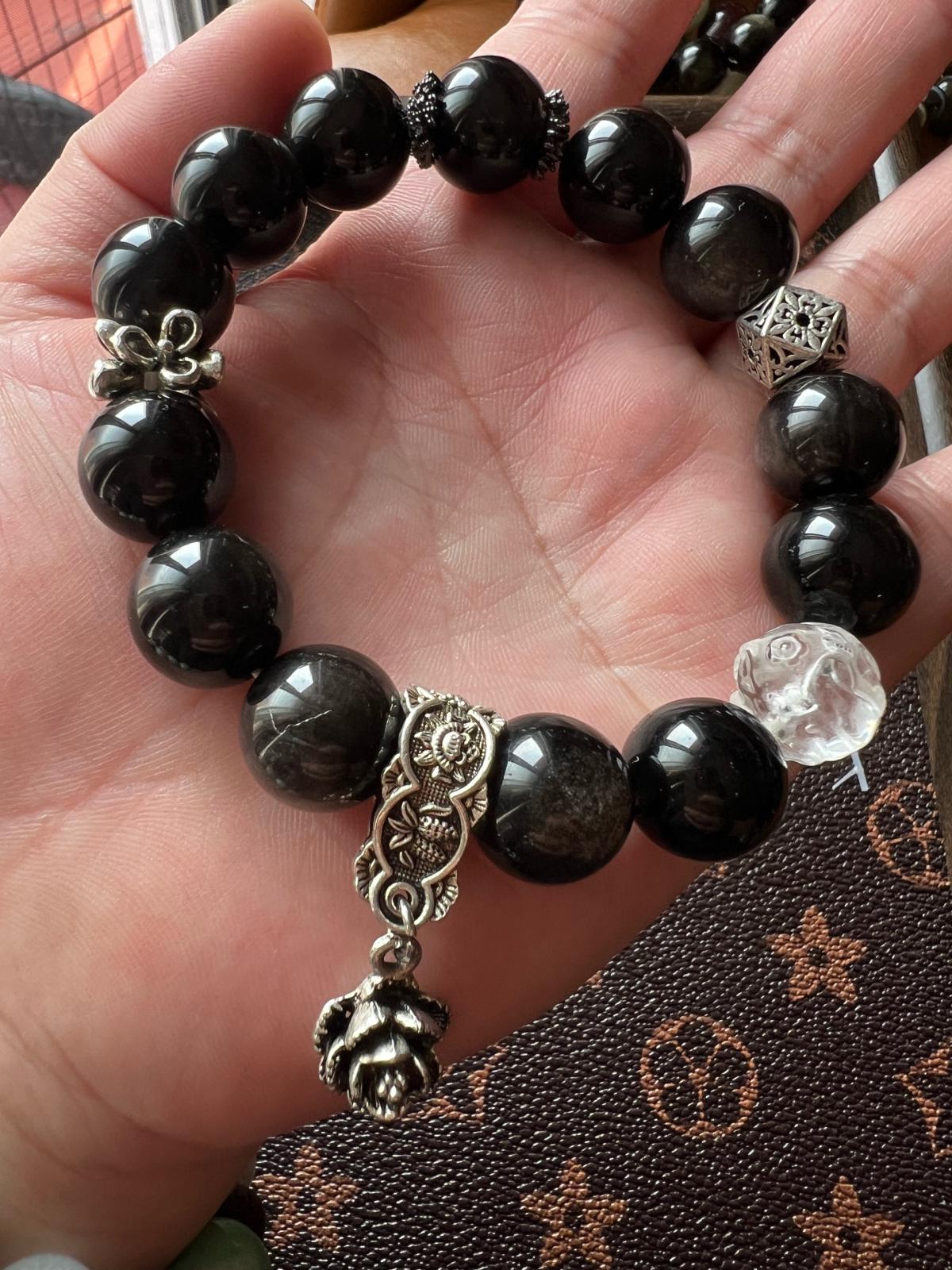 14mm Designer Silver Sheen Obsidian Bracelet Vintage Silver