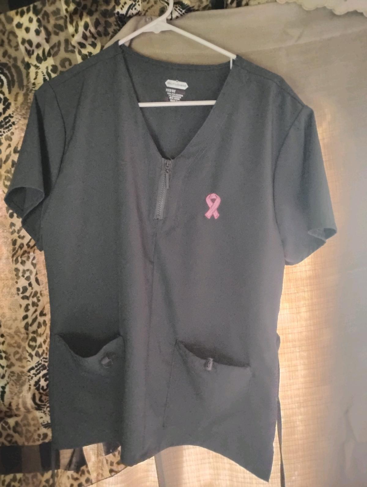 A Nice Womens Dark Grey Scrub Top  breast cancer awareness