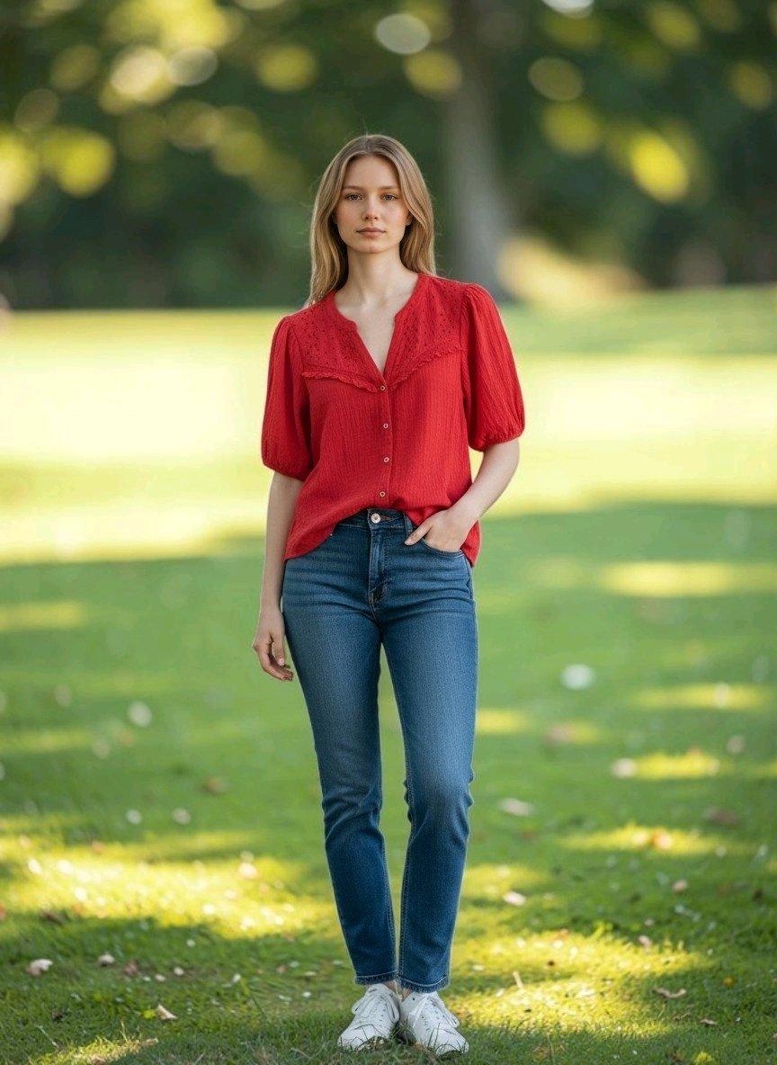 Knox Rose Womens Eyelet Embroidered ButtonFront Blouse