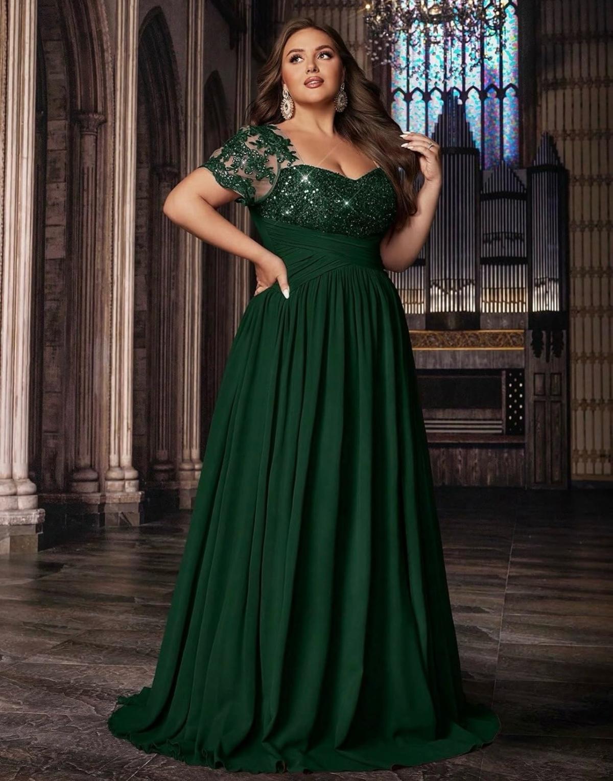 Plus Size Emerald Green Sequin Formal Dress