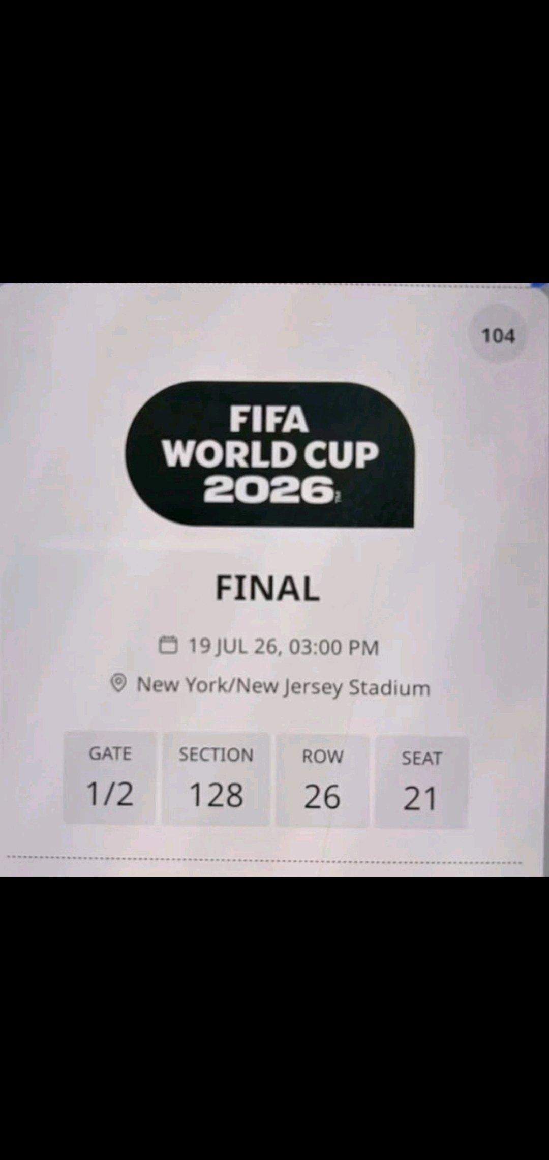 TWO WORLD CUP FINAL TICKETS AVAILABLE
