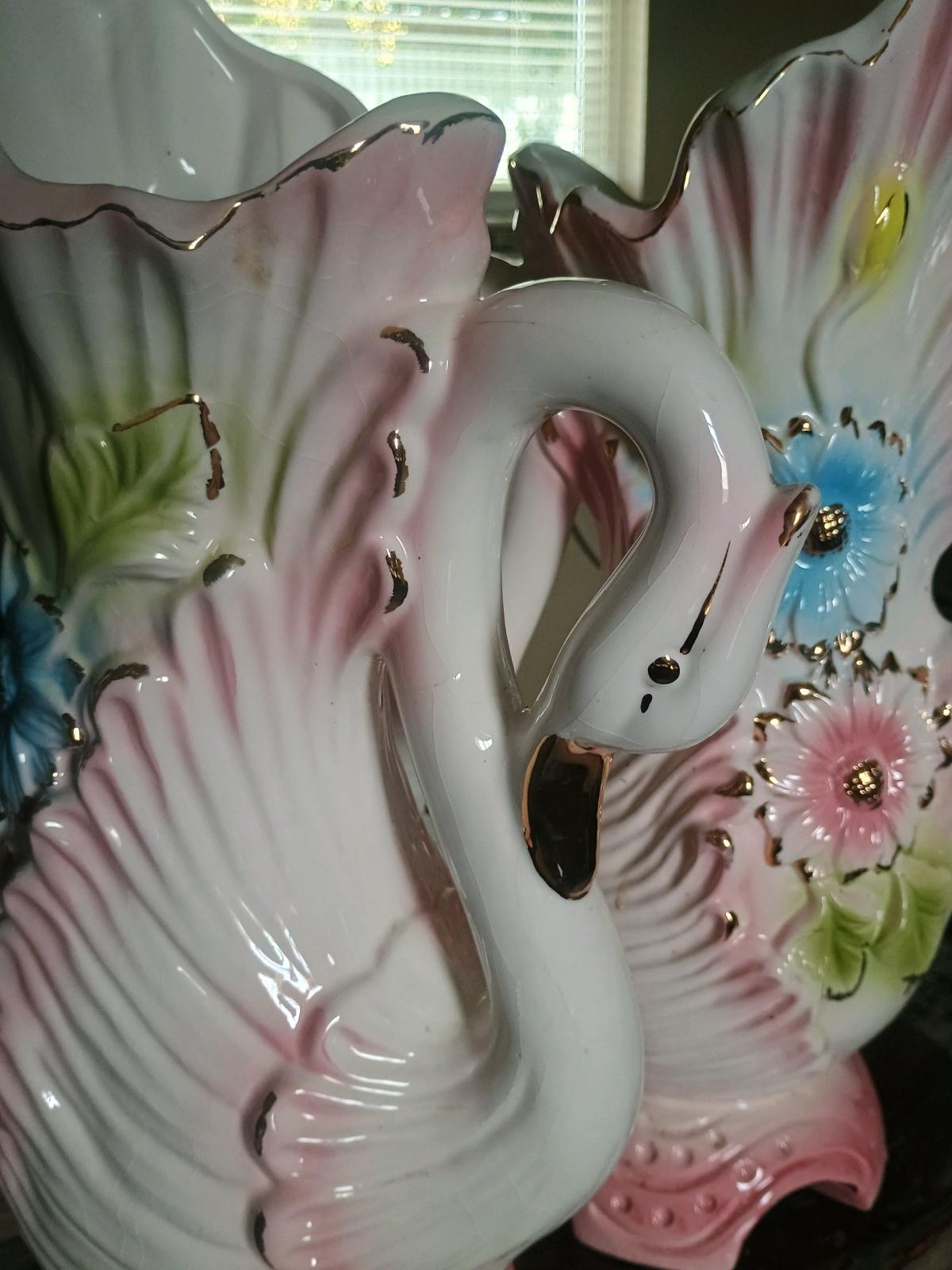 Vintage Ceramic Swan Handle Vases Pair