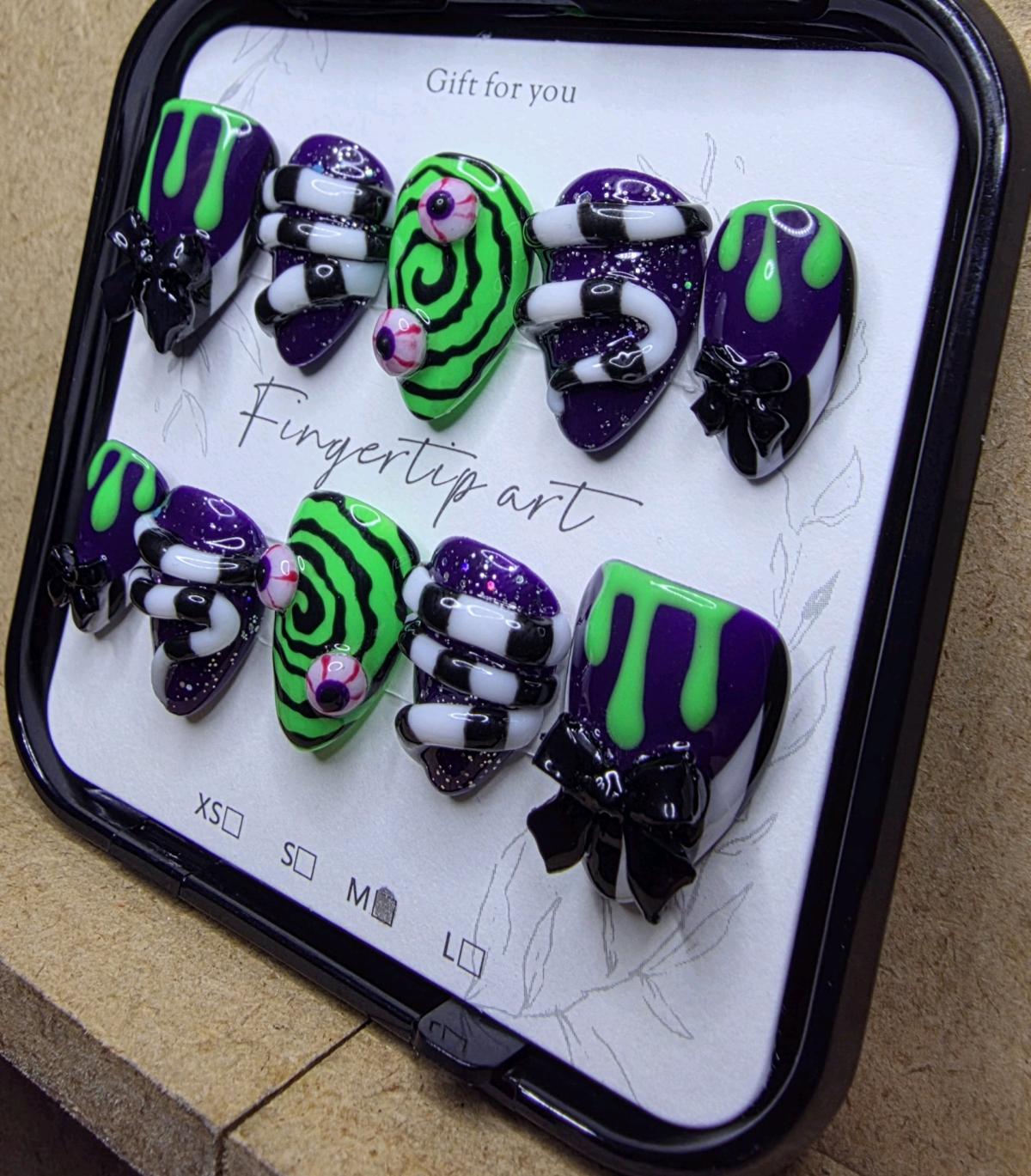 Handmade 3D Beetlejuice Press on Nails Sized Medium