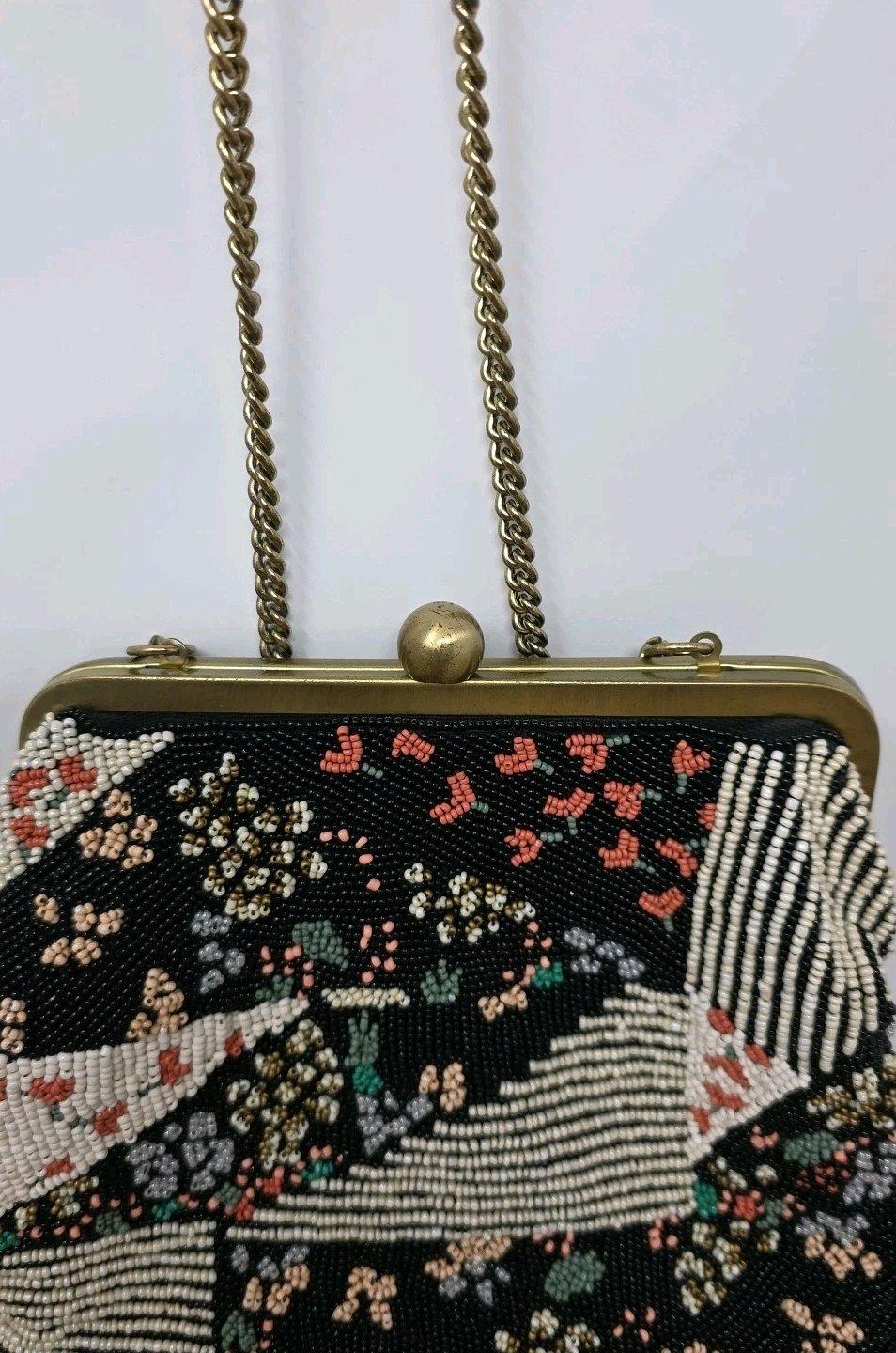 Anthropologie floral Beaded Crossover Purse Bag w Kiss Lock
