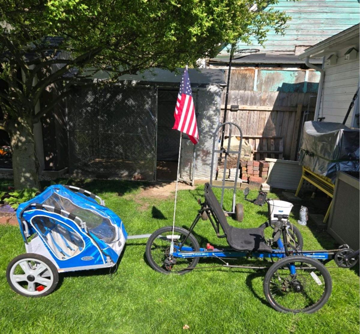 3 wheel cruising bike with matching color kids cart