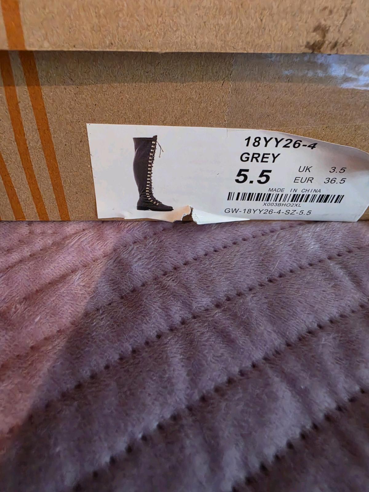 Grey Faux Suede OvertheKnee LaceUp Boots with Gold Hardware