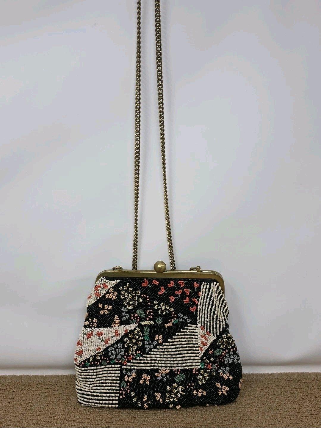 Anthropologie floral Beaded Crossover Purse Bag w Kiss Lock